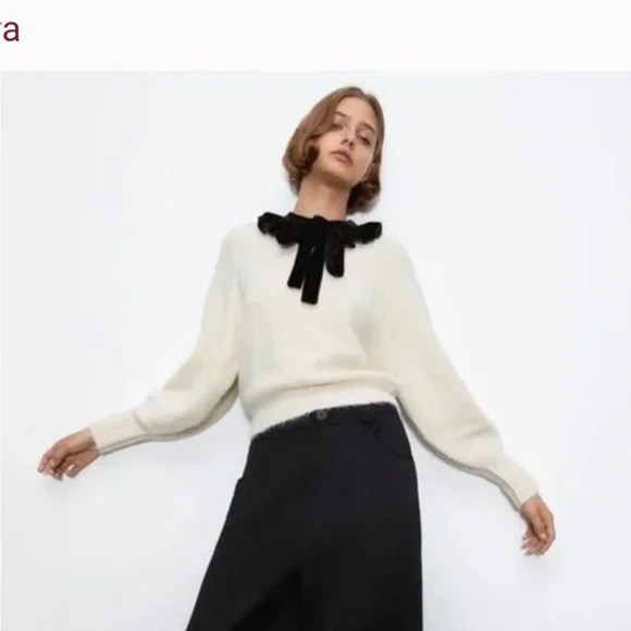 Zara White Knit Black Velvet Bow Collar Long Sleeve Pullover Sweater Medium - Picture 1 of 12
